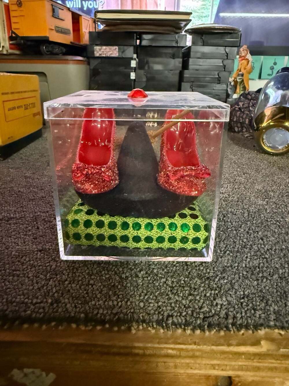 The Wizard of Oz Acrylic Display Case with Miniature Ruby Slippers and Witch Hat
